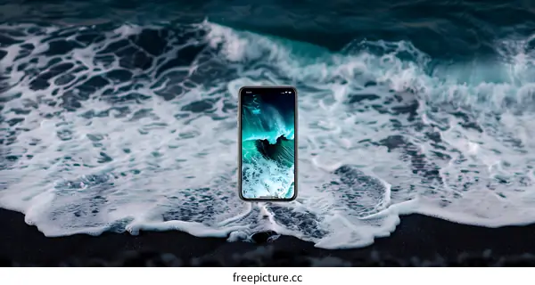 Smartphone on the Beach with Waves