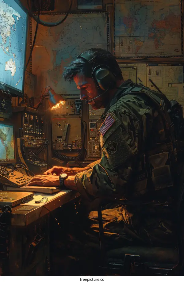Soldier Using Computer at Military Operations Center