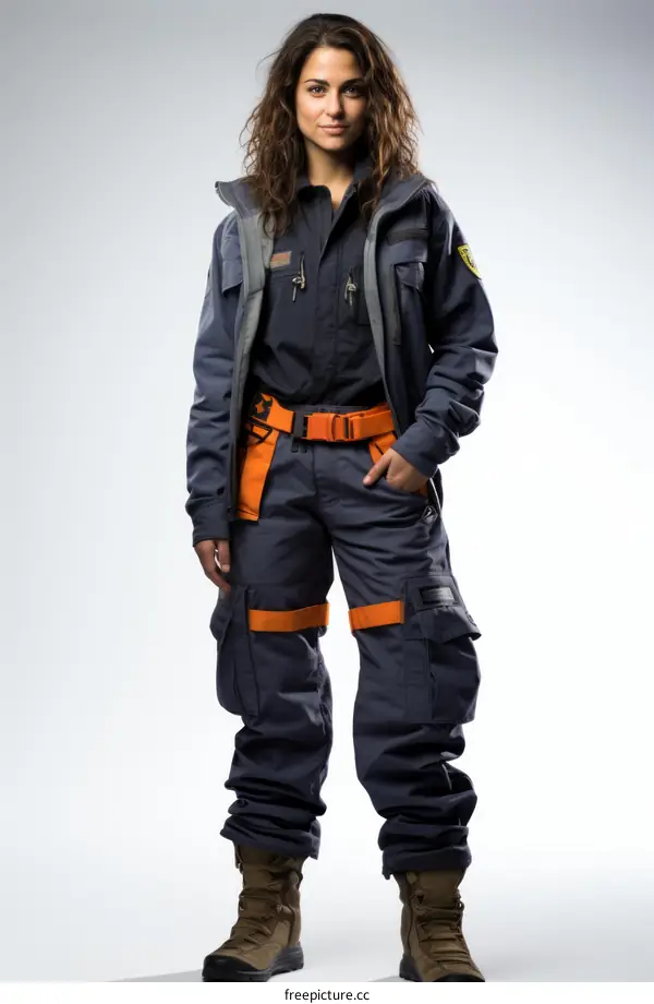 Female wearing blue jumpsuit with orange accents