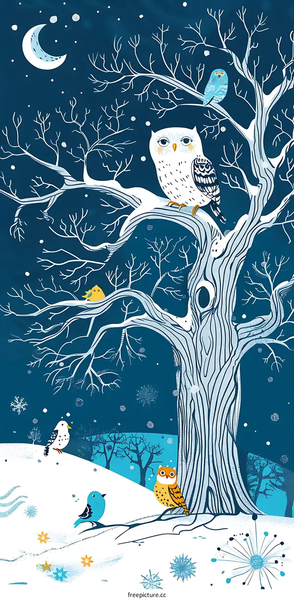 Winter Night Owl Illustration With Snow And Trees