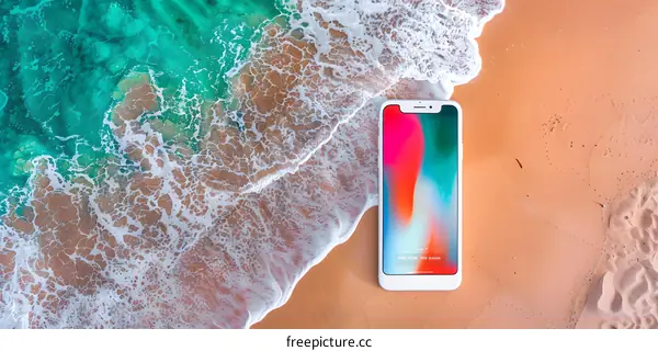 White Smartphone on Sand Beach with Ocean Waves