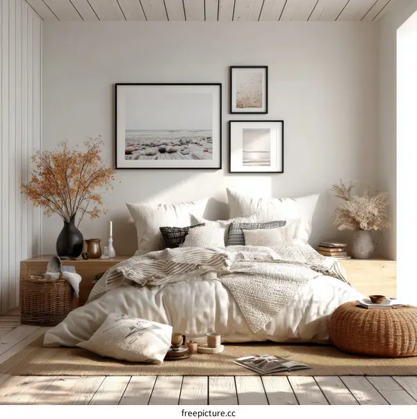 Cozy Bedroom with Coastal Artwork