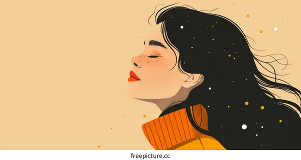 a relaxed woman with long dark hair and freckles on her face