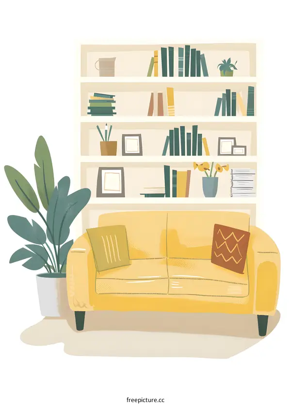 Yellow Sofa with Bookshelf and Plant in Living Room