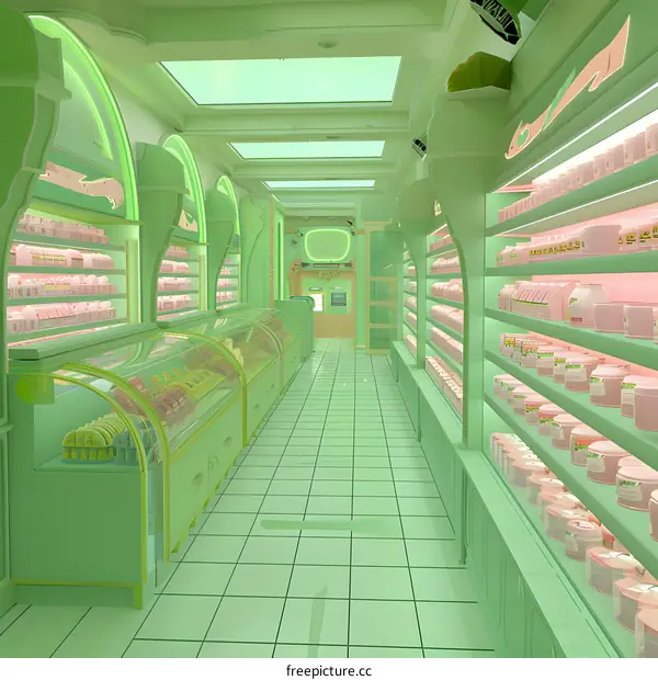 Green Pastel Colored Grocery Store Interior Design