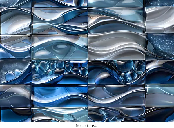 Blue and silver mosaic seamless pattern. Abstract background with waves.