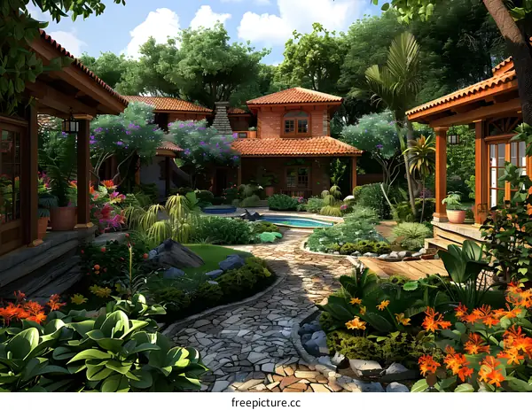 Courtyard of a Spanish style house with tropical garden and swimming pool