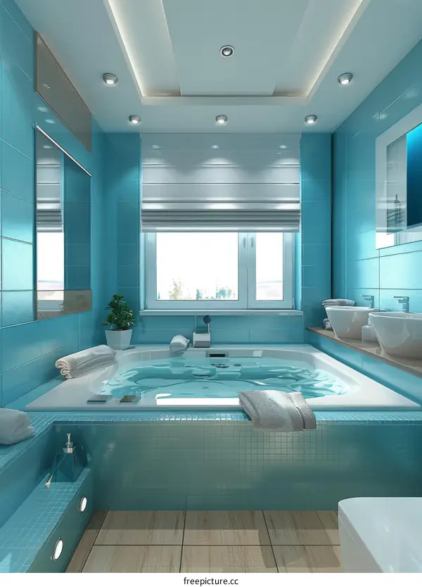Modern Turquoise Bathroom Design with Jacuzzi Tub