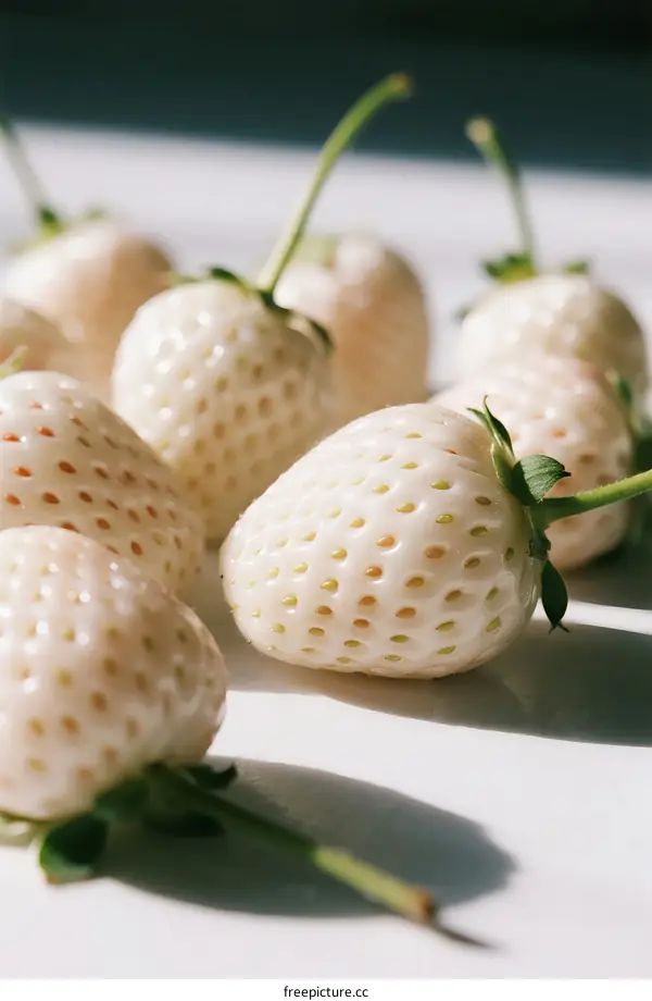 Fresh White Strawberries on White Background with Green Leaves