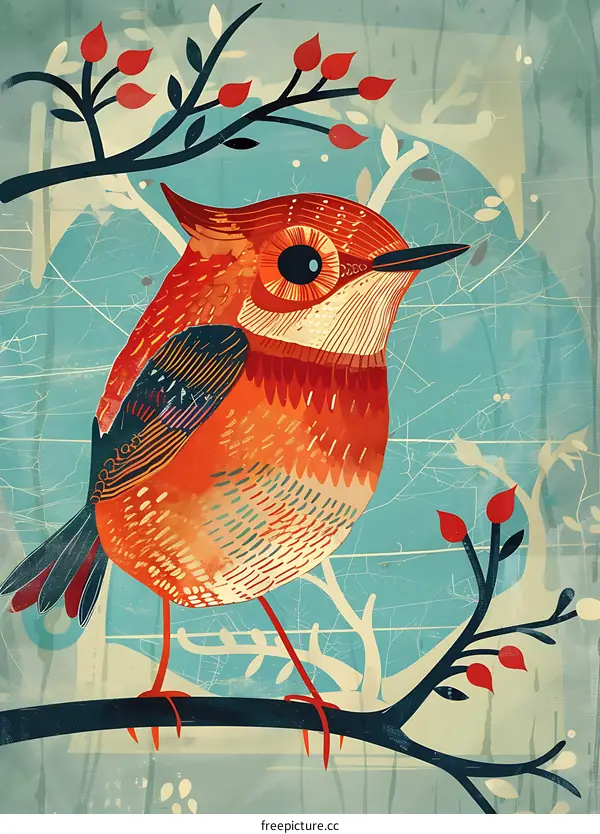 Colorful Bird Perched on Branch Illustration