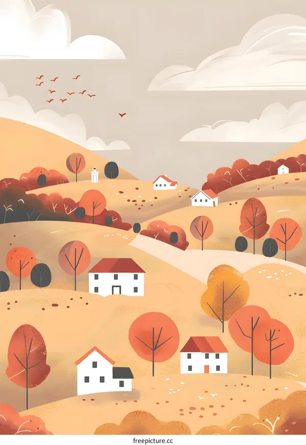 Autumn Village Landscape Illustration with Houses, Trees, and Clouds
