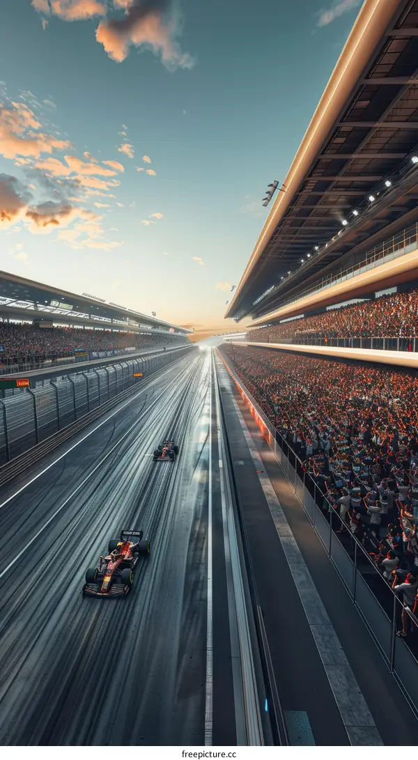 Formula One cars race at high speed on the track