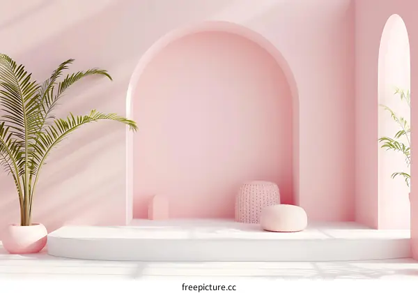 Pink Minimalist Archway Room Interior Design with Palm Plant and White Platform