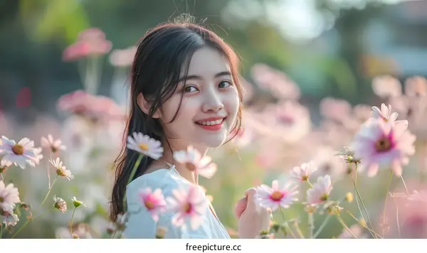 Smiling Woman In Pink Flower Field