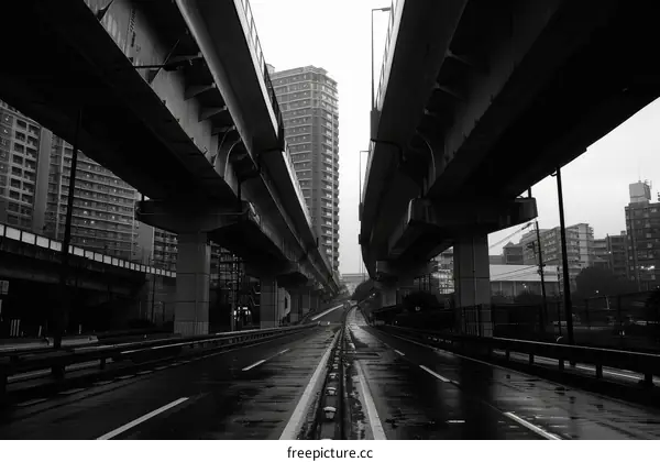 Black and White Photo of Deserted Urban Highway