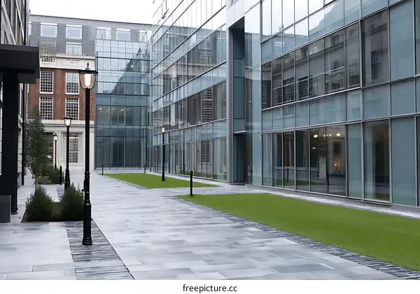Modern Courtyard Between Glass Buildings in the City