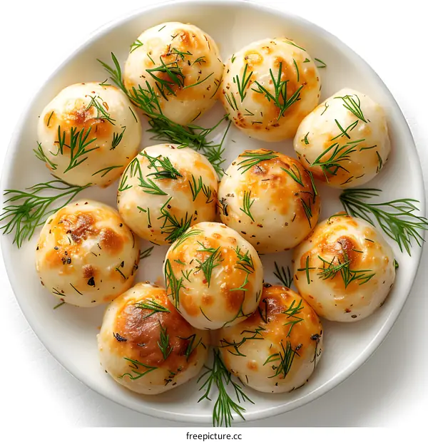Baked potato balls with dill on white plate