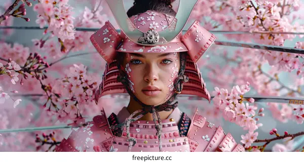 A Young Woman Dressed as a Samurai Stands in a Field of Cherry Blossoms