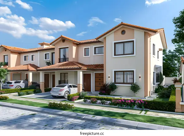 Exterior View of Modern Two Story House with Garage and Garden