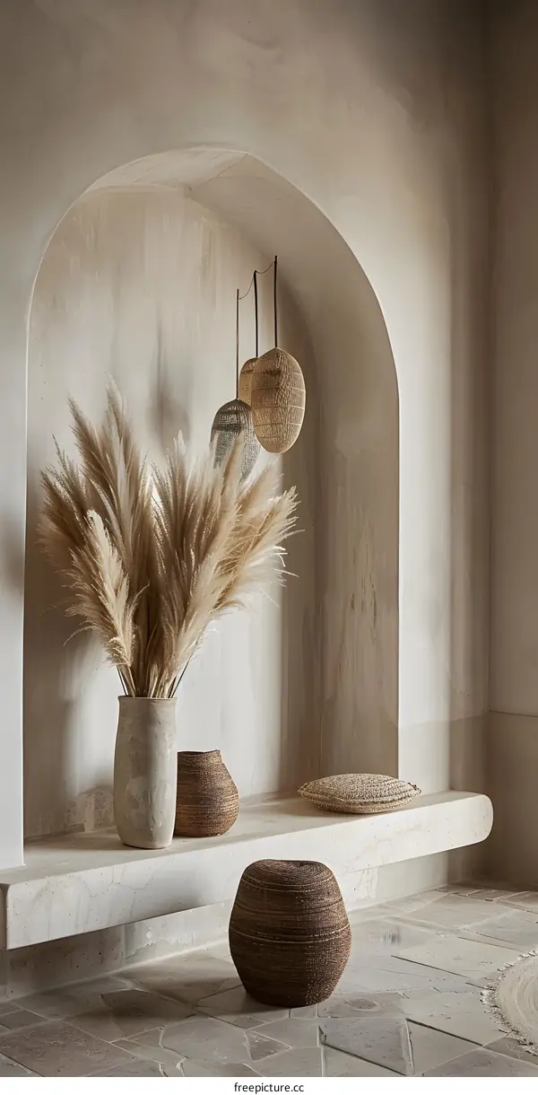 Neutral Tones Interior Design with Pampas Grass and Wicker Baskets