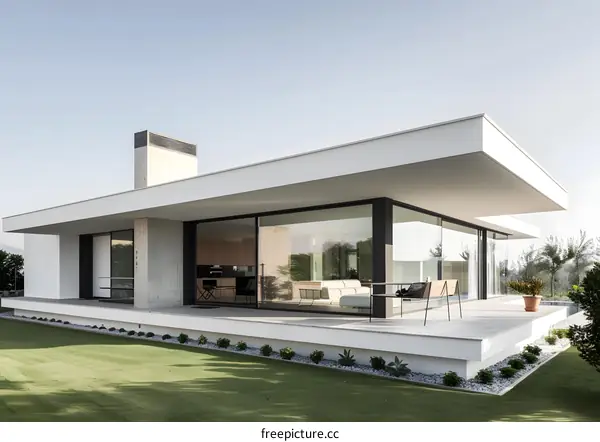 Modern White House with Large Windows and a Green Lawn