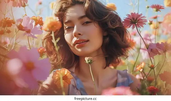 Close-up portrait of a beautiful young woman standing in a field of flowers