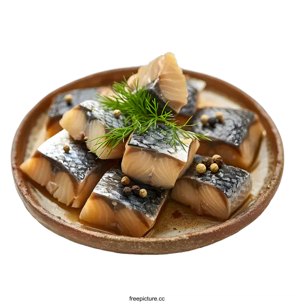 [Transparent Background PNG]Close-up of herring fillets with dill and peppercorns on a ceramic plate