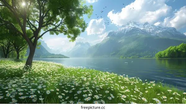Tranquil Mountain Lake with Chamomile Field