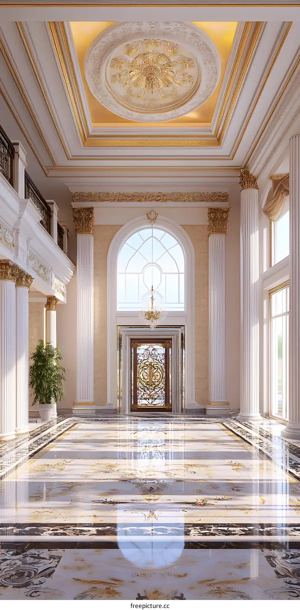 Elegant White and Gold Interior Design with Ornate Ceiling and Marble Floor