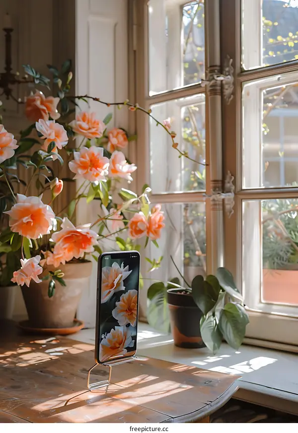 Phone Stand with Flowers and Window View