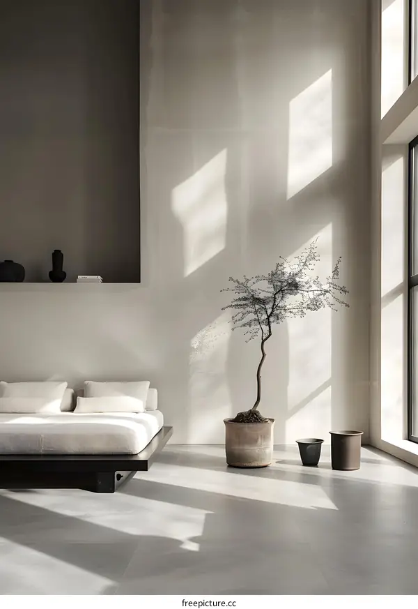 Modern Minimalist Living Room Interior Design with Plant and Large Windows