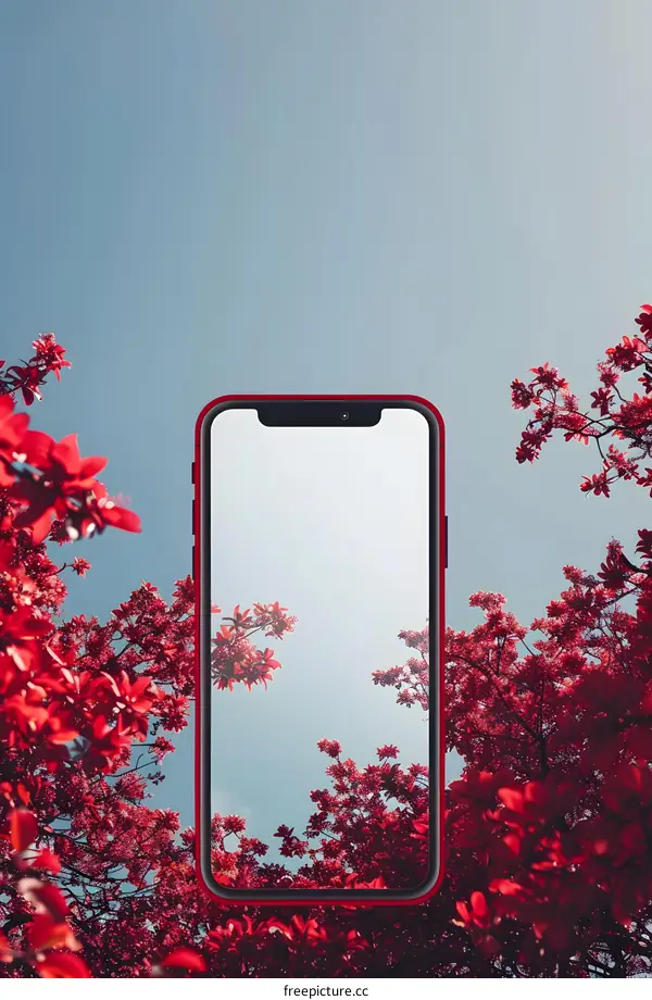 Red Phone Mockup With Blooming Tree Branches