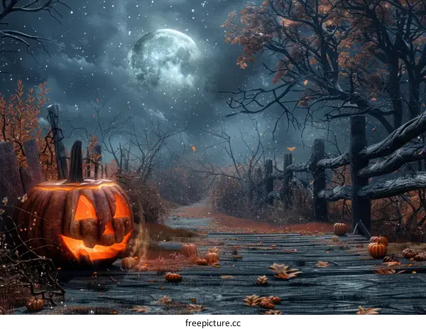 Spooky Halloween night scene with a full moon and a jack-o-lantern
