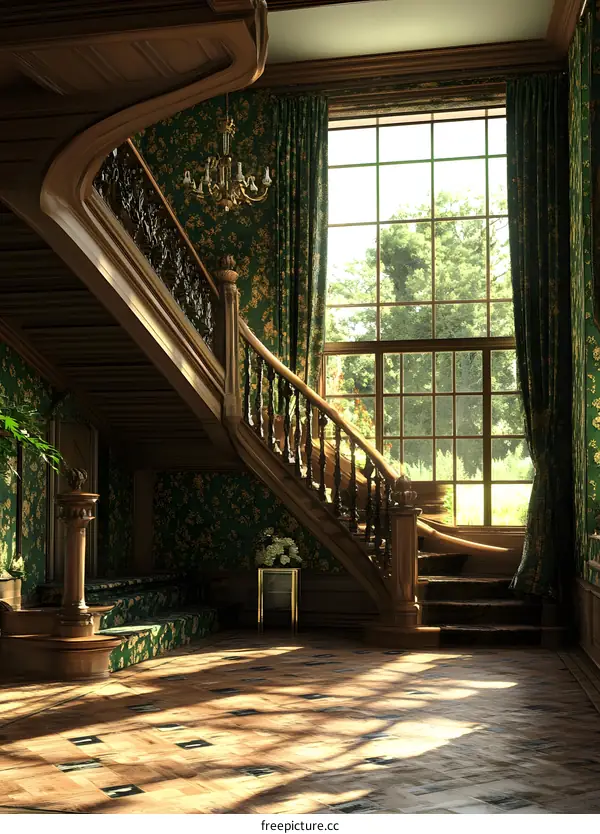 Elegant Staircase in a Luxurious Mansion with a Large Window
