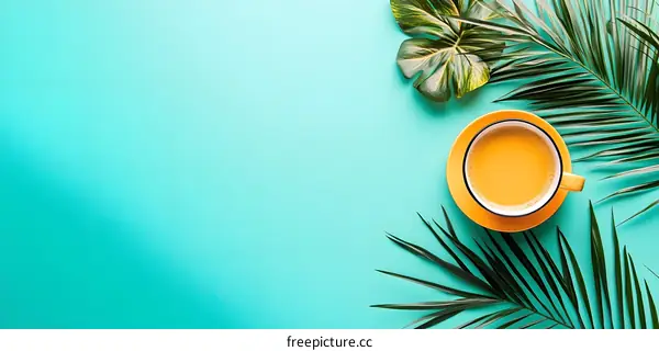 Tropical Leaf Background with Coffee Cup