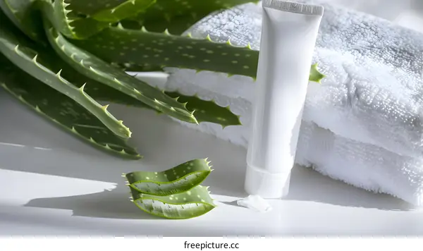 Aloe Vera Plant Leaves With Cream And White Towels