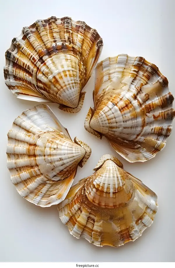 Four Scallop Shells on White Background
