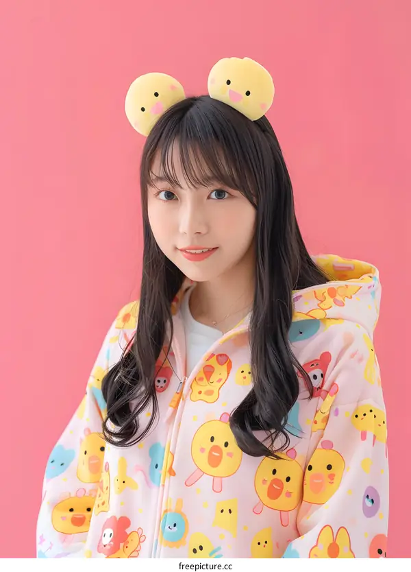 Cute Asian Girl with Cartoon Animal Printed Hoodie