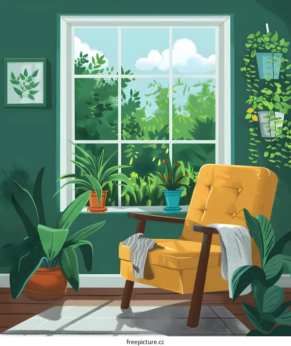 Yellow Armchair in Green Room with Window View