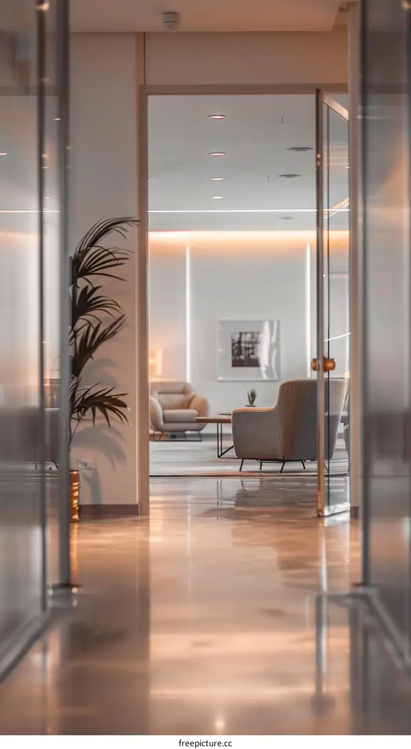 Office interior with glass walls and a plant in the foreground