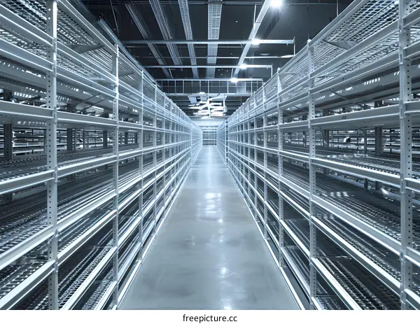 Empty Warehouse Storage Shelves and Long Aisles
