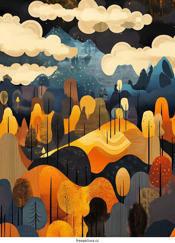 Abstract Landscape Illustration With Yellow And Blue Colors