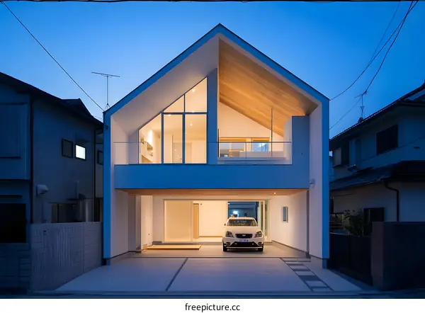 Modern White House with Wooden Ceiling and Car in Garage