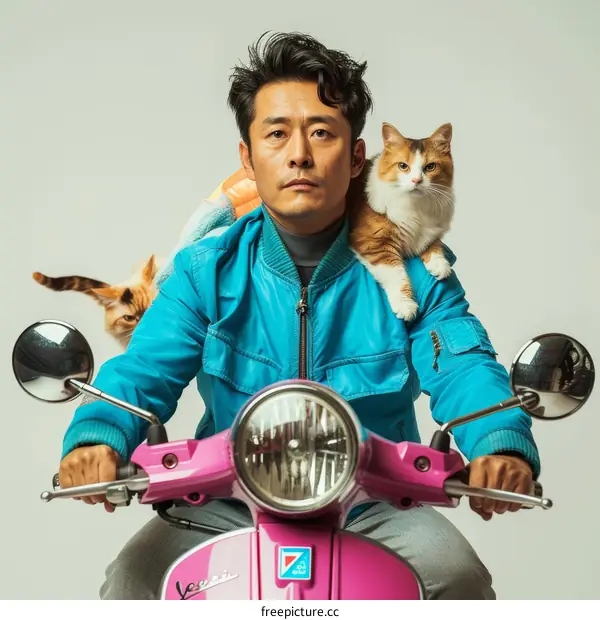 A man with two cats on a pink scooter