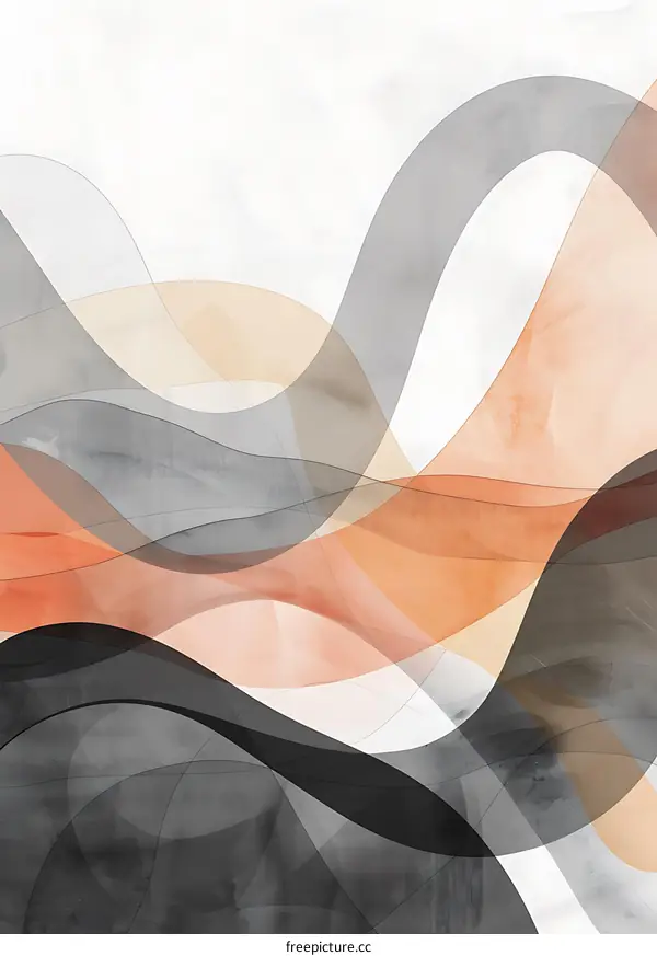 Abstract Watercolor Painting with Curved Lines in Grey Orange and White
