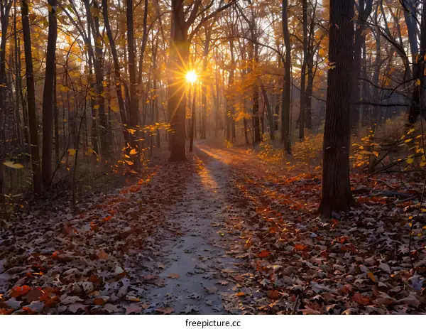 The sun shines through the trees in the autumn forest