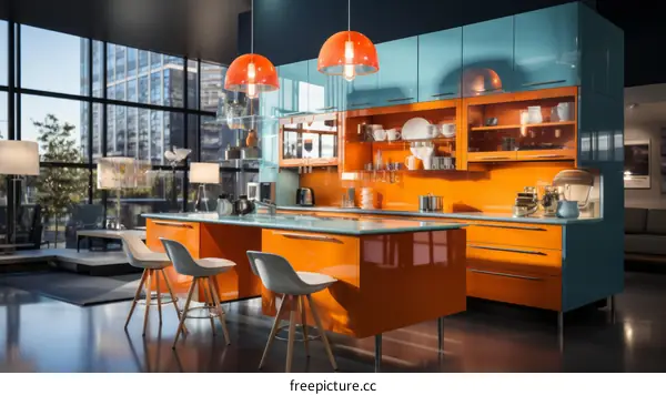 Vibrant Modern Kitchen with Orange and Blue Cabinets and a Kitchen Island