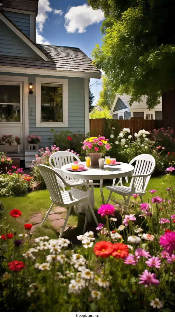 Vibrant Garden with Table and Chairs