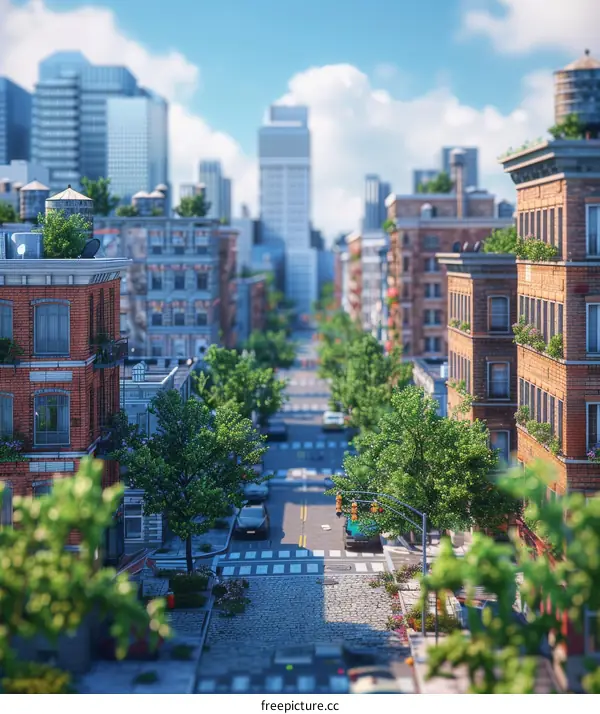 Brick Buildings and Green Trees on a City Street