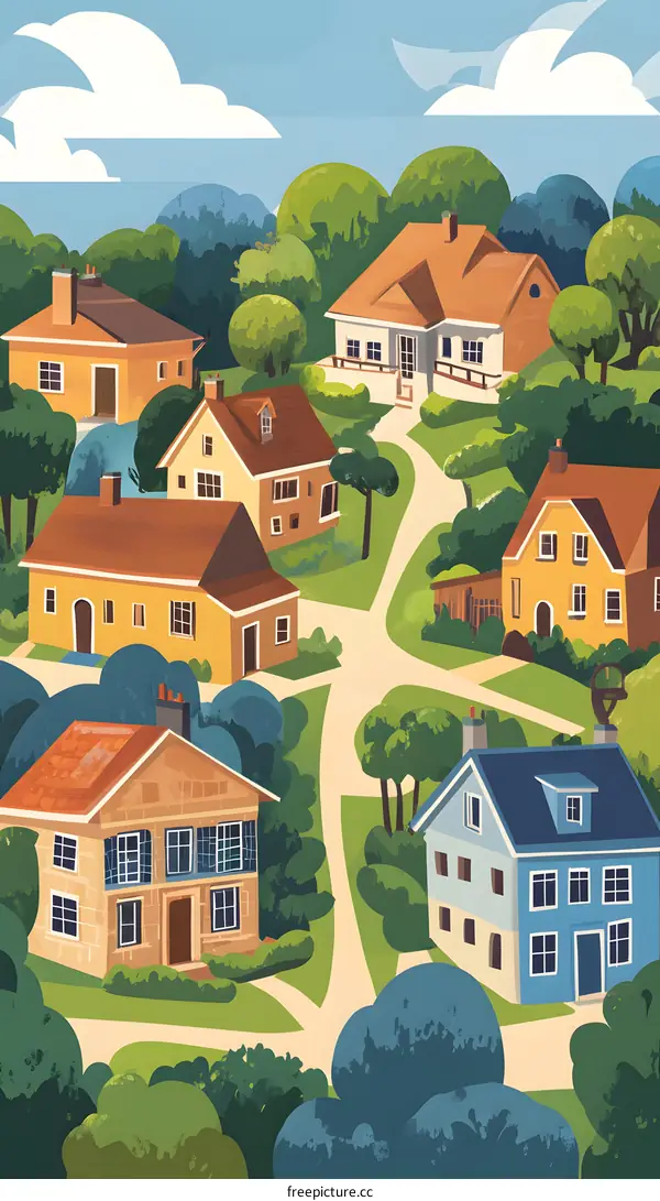 Illustration of a Small Town with Houses and Trees